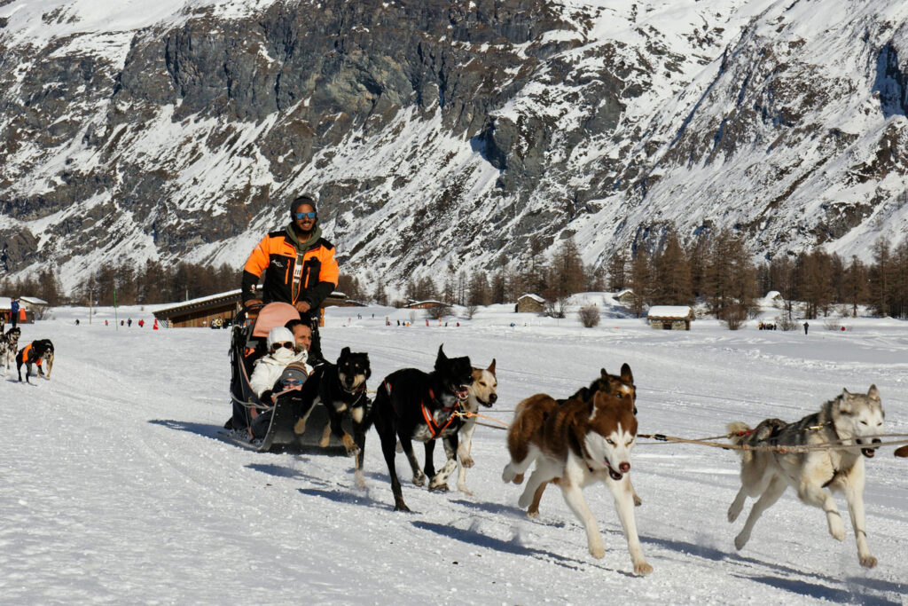 Eine Familie fährt mit einem Hundeschlitten in einer verschneiten Landschaft